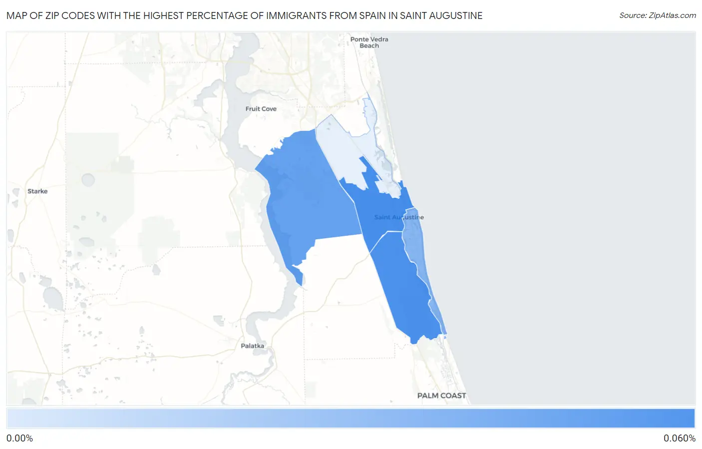 Zip Codes with the Highest Percentage of Immigrants from Spain in Saint Augustine Map