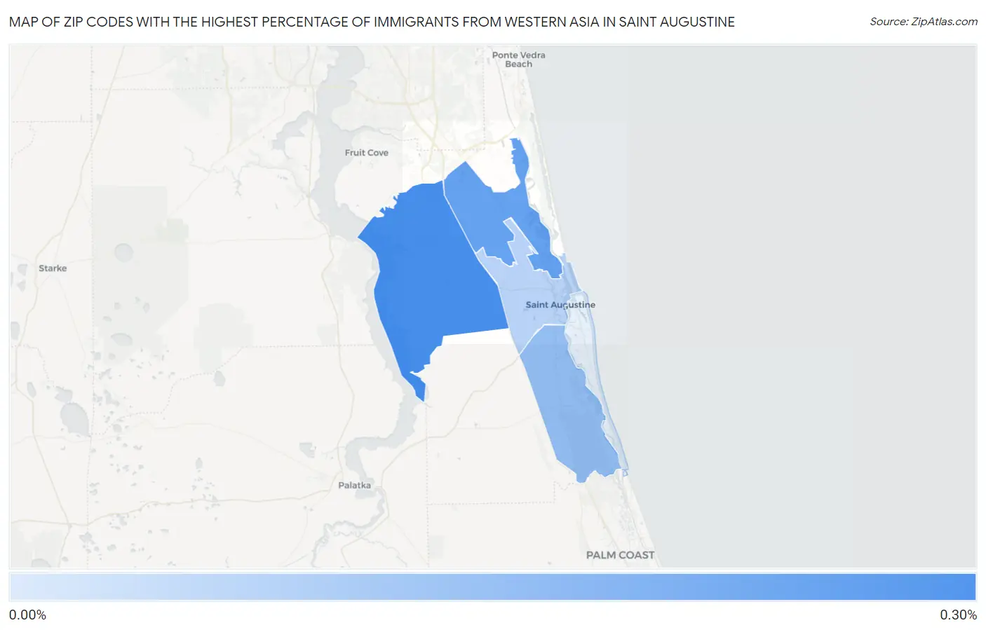Zip Codes with the Highest Percentage of Immigrants from Western Asia in Saint Augustine Map
