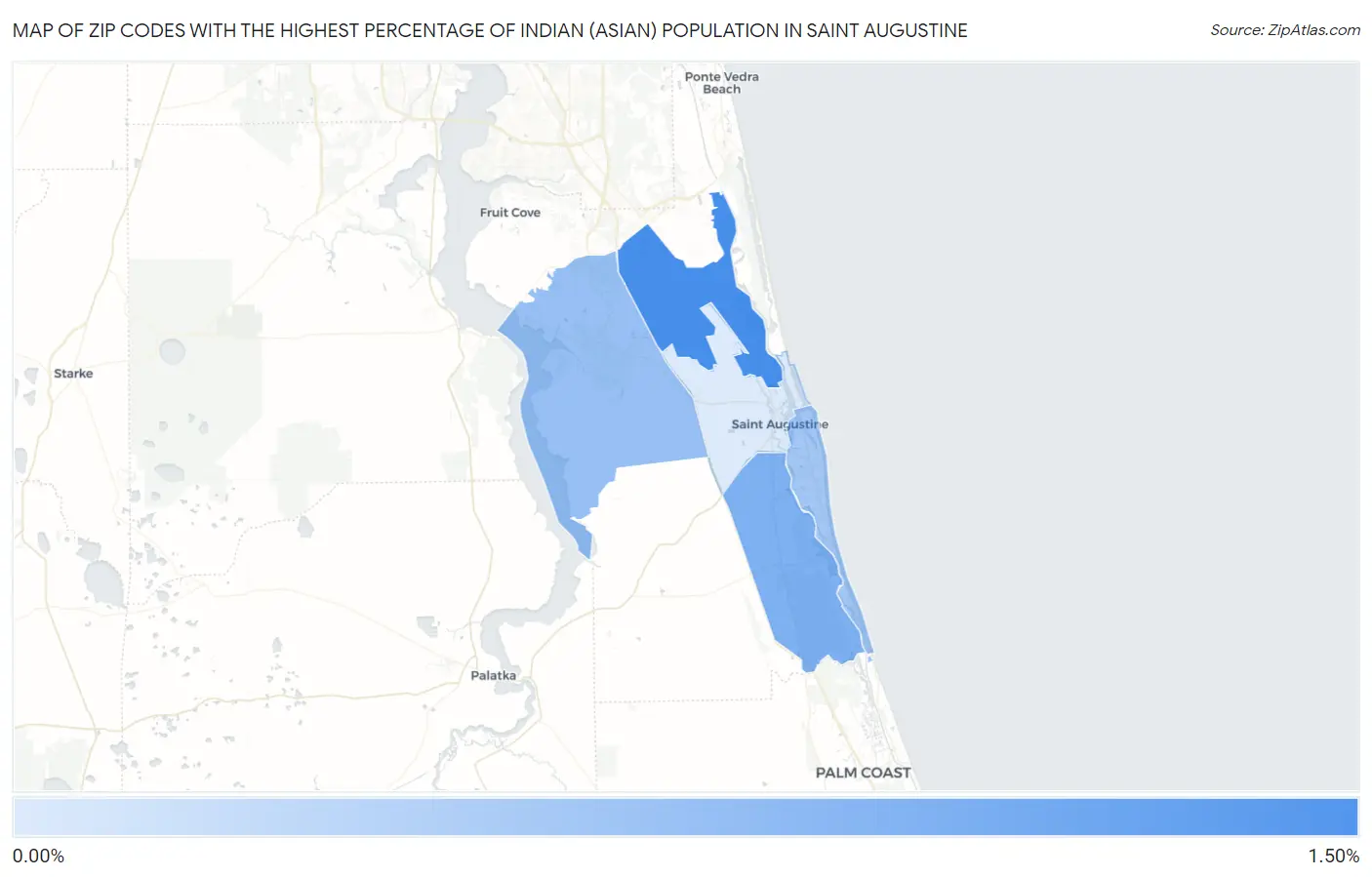 Zip Codes with the Highest Percentage of Indian (Asian) Population in Saint Augustine Map