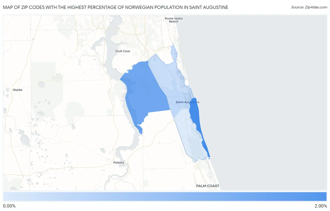 Zip Codes with the Highest Percentage of Norwegian Population in Saint Augustine Map