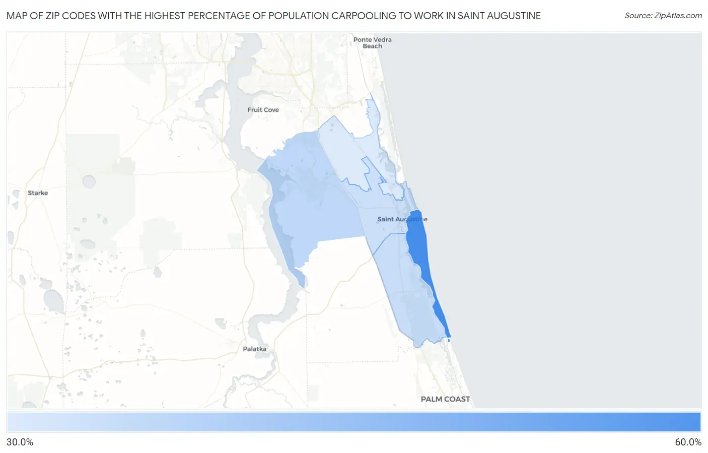 Zip Codes with the Highest Percentage of Population Carpooling to Work in Saint Augustine Map