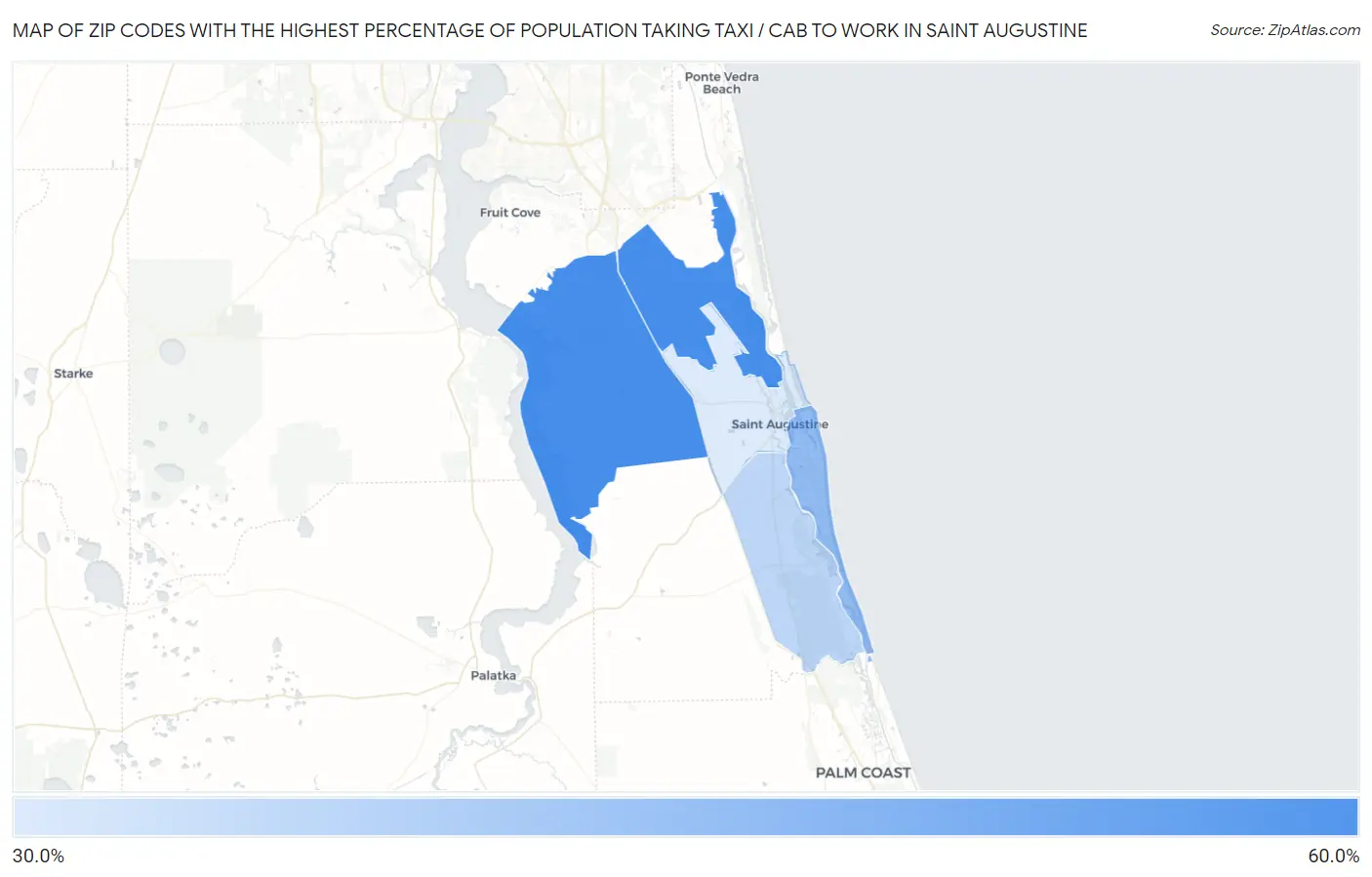 Zip Codes with the Highest Percentage of Population Taking Taxi / Cab to Work in Saint Augustine Map