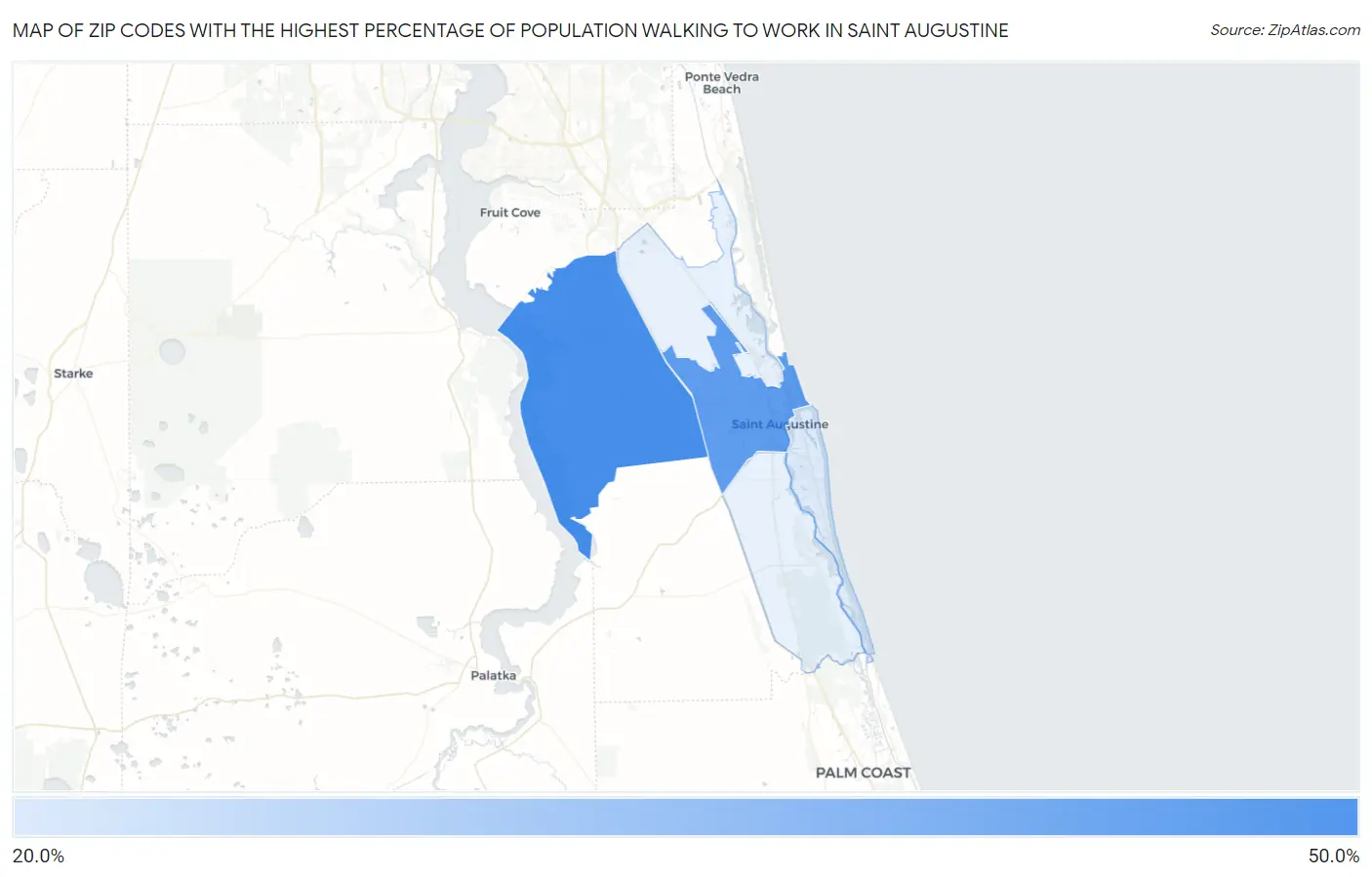 Zip Codes with the Highest Percentage of Population Walking to Work in Saint Augustine Map