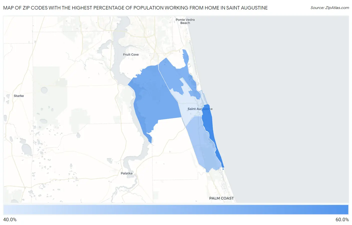 Zip Codes with the Highest Percentage of Population Working from Home in Saint Augustine Map