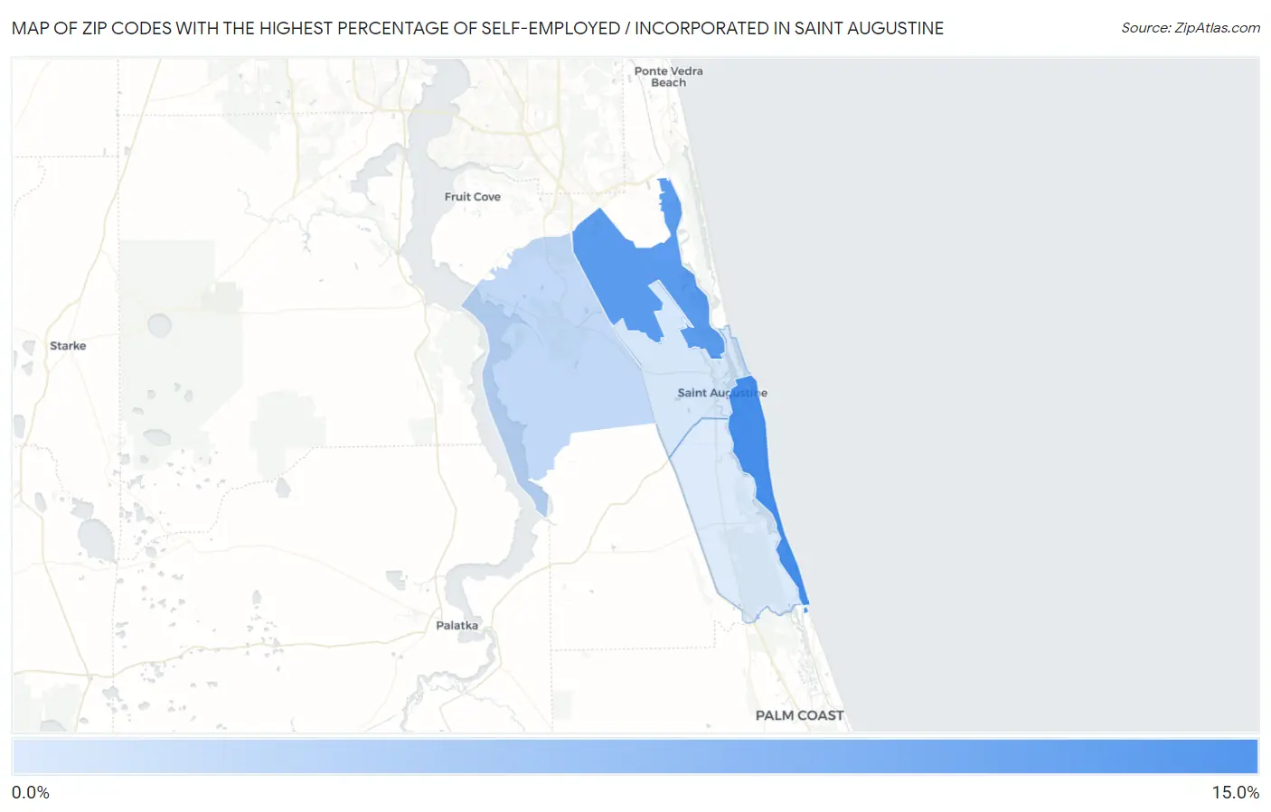 Zip Codes with the Highest Percentage of Self-Employed / Incorporated in Saint Augustine Map
