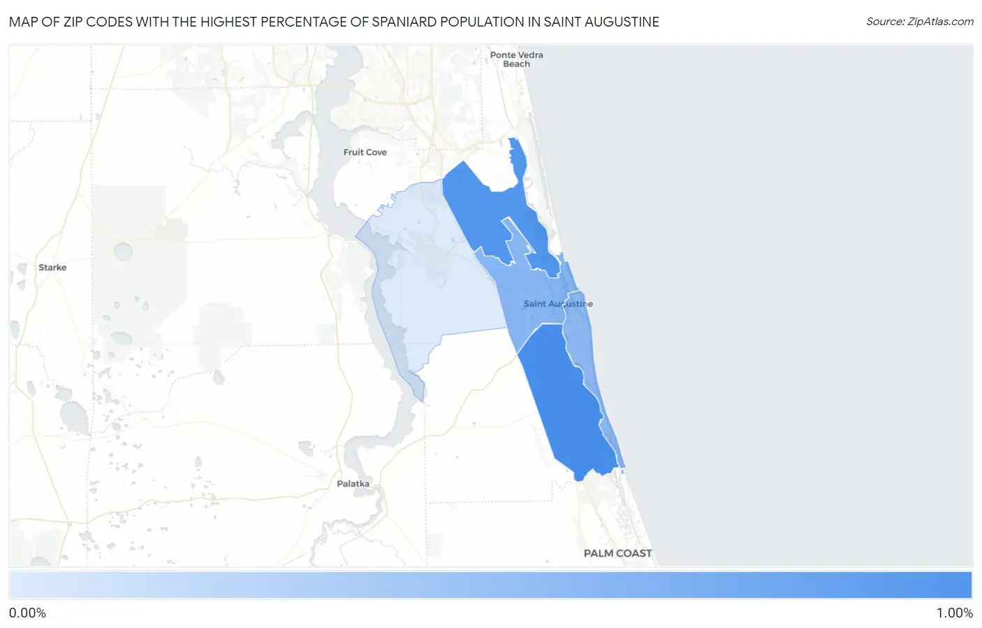Zip Codes with the Highest Percentage of Spaniard Population in Saint Augustine Map