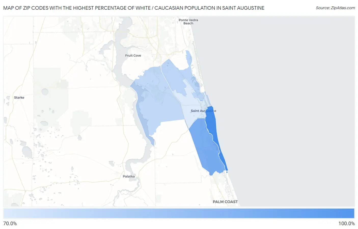 Zip Codes with the Highest Percentage of White / Caucasian Population in Saint Augustine Map