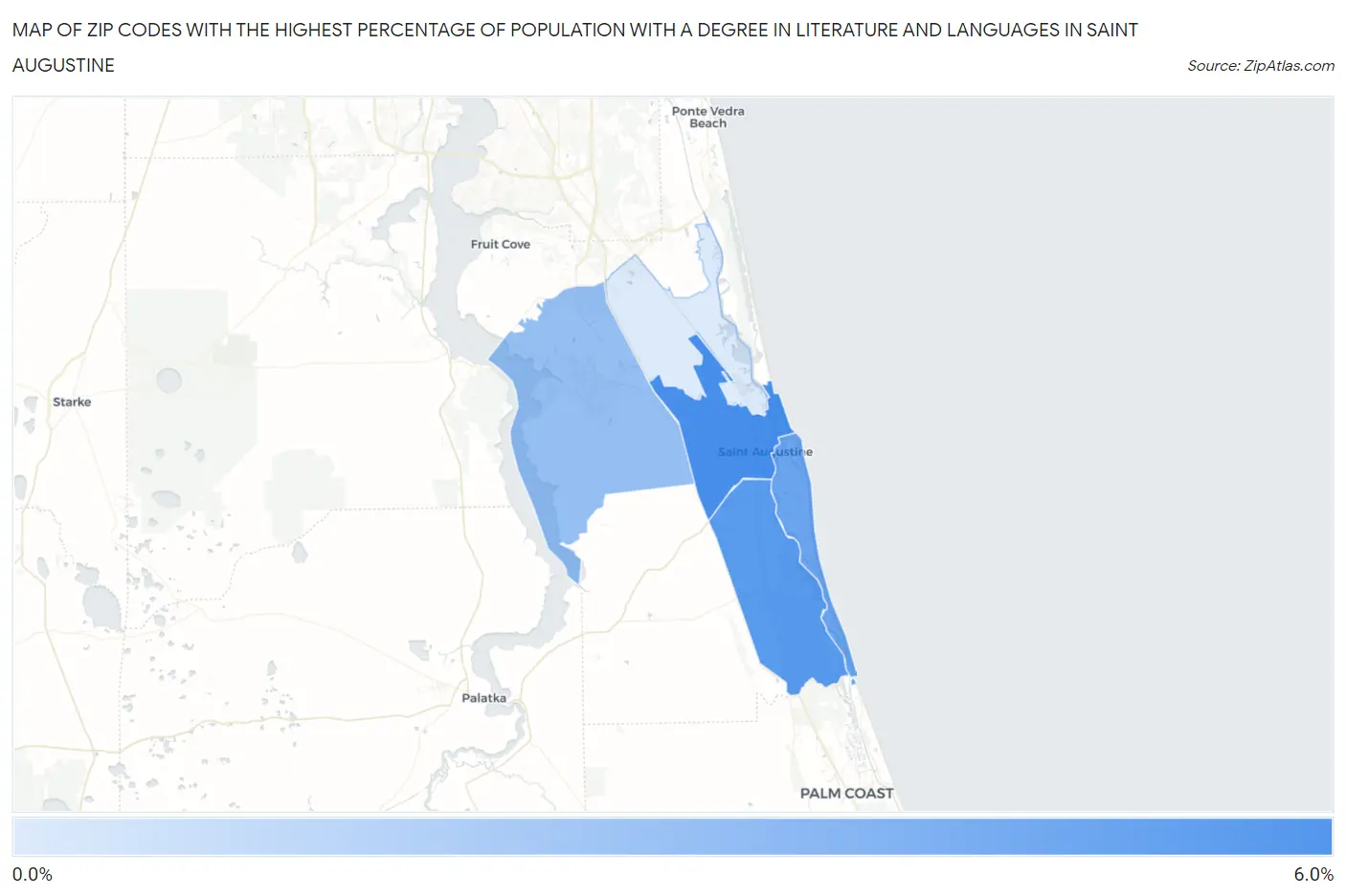 Zip Codes with the Highest Percentage of Population with a Degree in Literature and Languages in Saint Augustine Map
