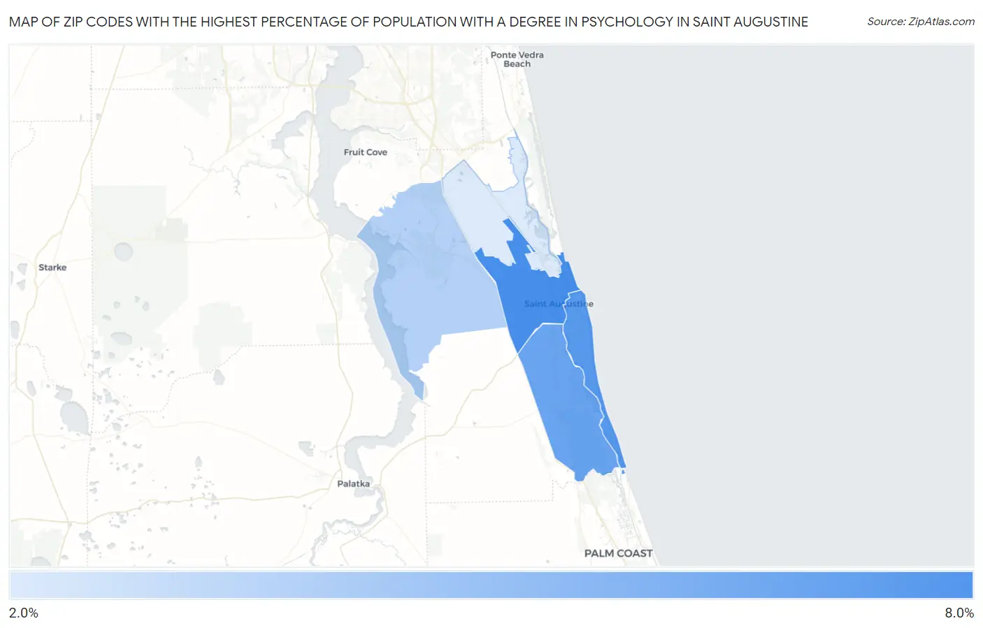 Zip Codes with the Highest Percentage of Population with a Degree in Psychology in Saint Augustine Map