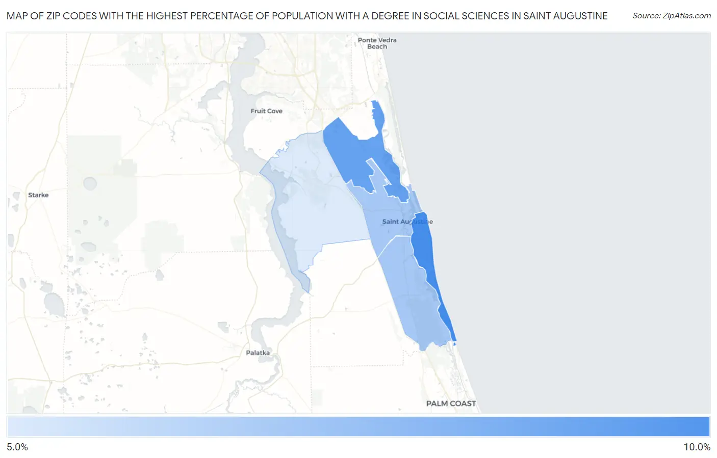 Zip Codes with the Highest Percentage of Population with a Degree in Social Sciences in Saint Augustine Map