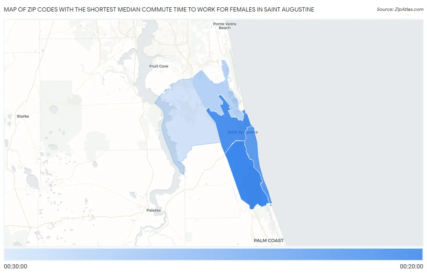 Zip Codes with the Shortest Median Commute Time to Work for Females in Saint Augustine Map