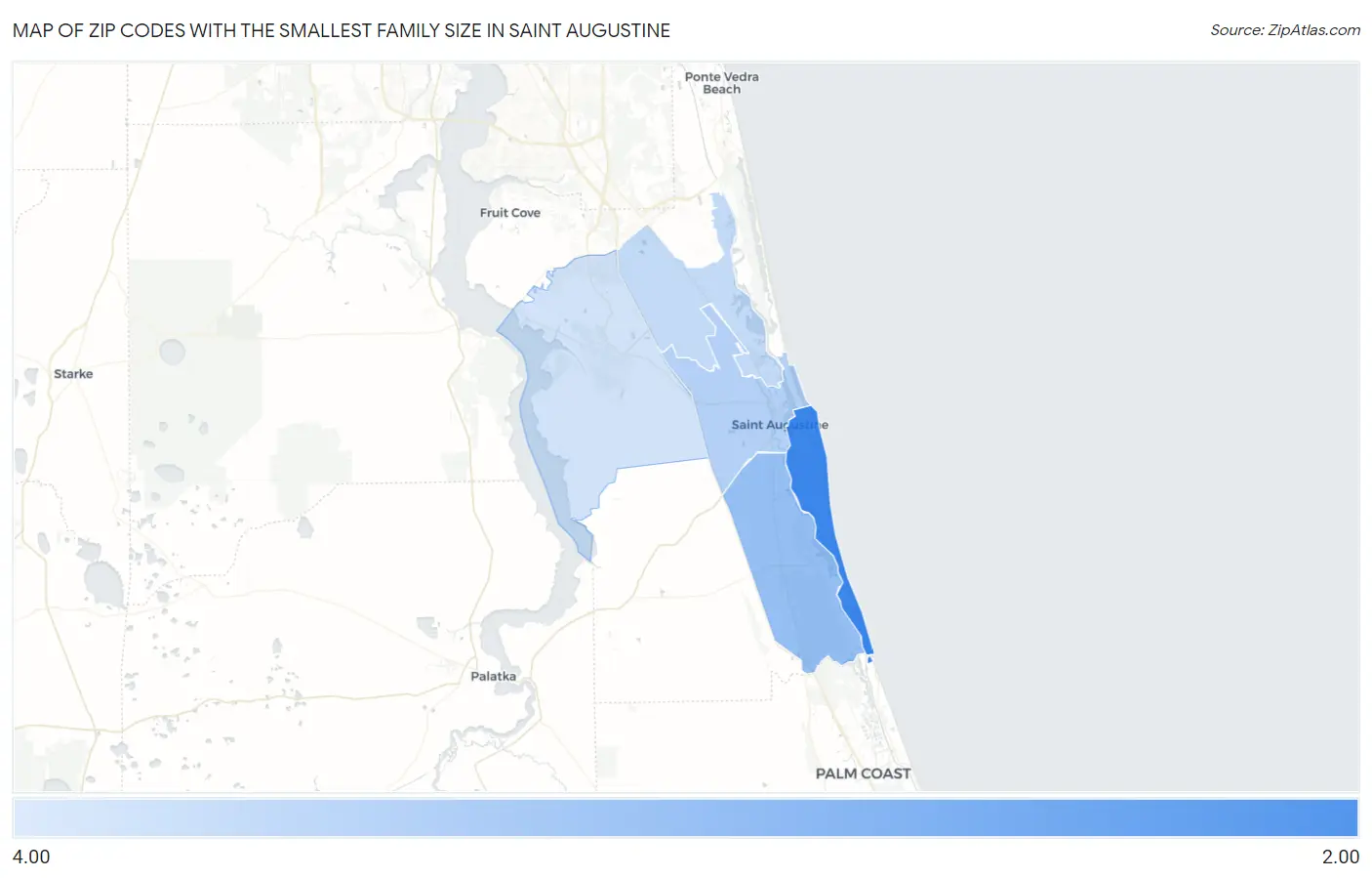 Zip Codes with the Smallest Family Size in Saint Augustine Map
