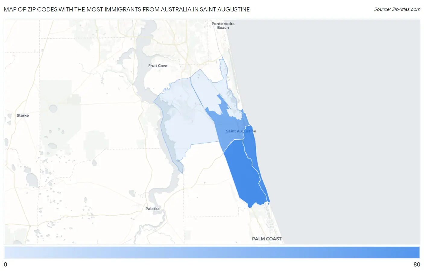 Zip Codes with the Most Immigrants from Australia in Saint Augustine Map
