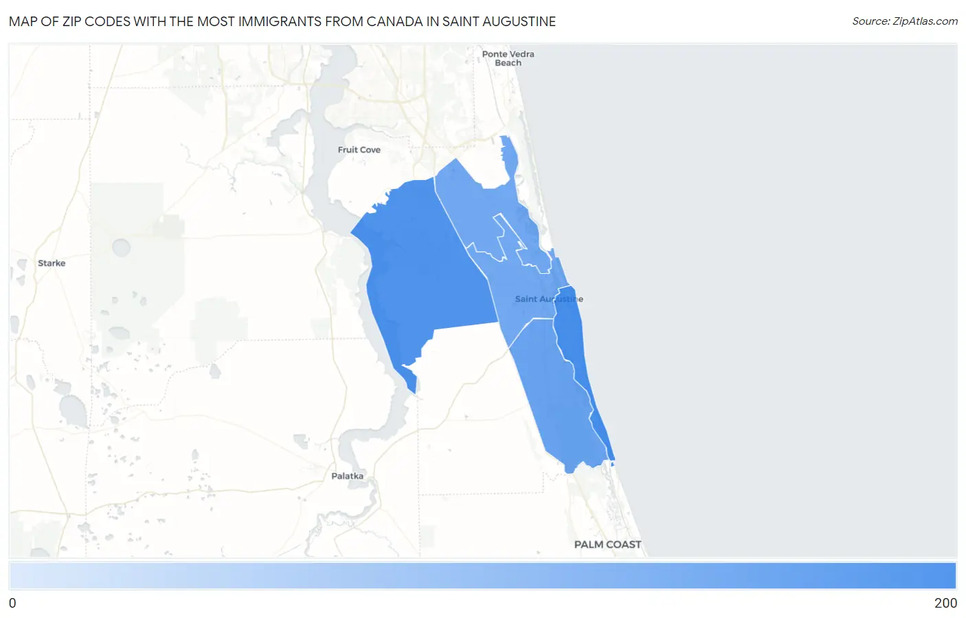 Zip Codes with the Most Immigrants from Canada in Saint Augustine Map