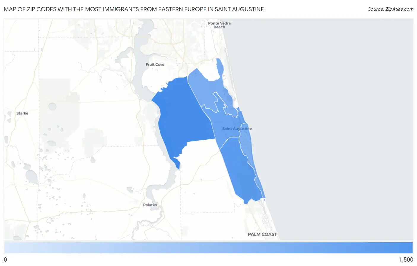 Zip Codes with the Most Immigrants from Eastern Europe in Saint Augustine Map