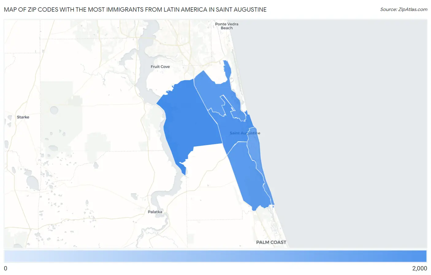 Zip Codes with the Most Immigrants from Latin America in Saint Augustine Map