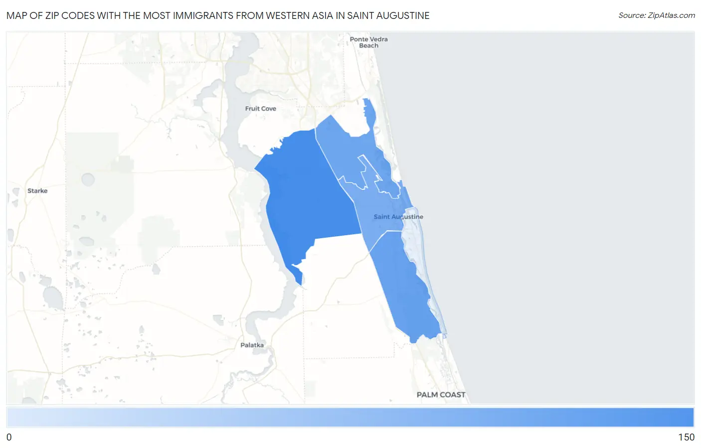 Zip Codes with the Most Immigrants from Western Asia in Saint Augustine Map