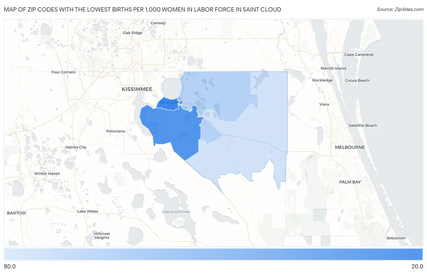 Zip Codes with the Lowest Births per 1,000 Women in Labor Force in Saint Cloud Map