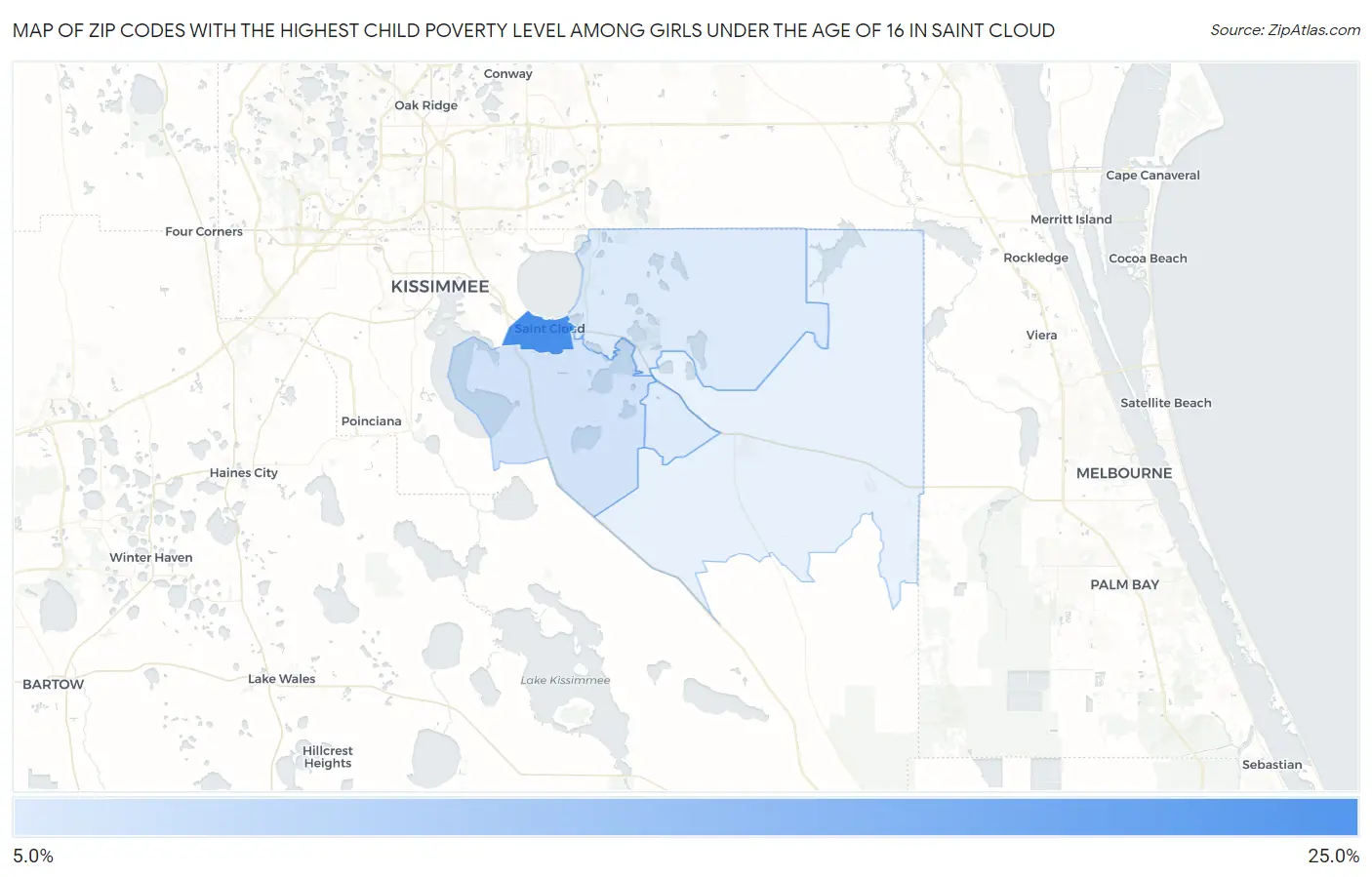 Zip Codes with the Highest Child Poverty Level Among Girls Under the Age of 16 in Saint Cloud Map