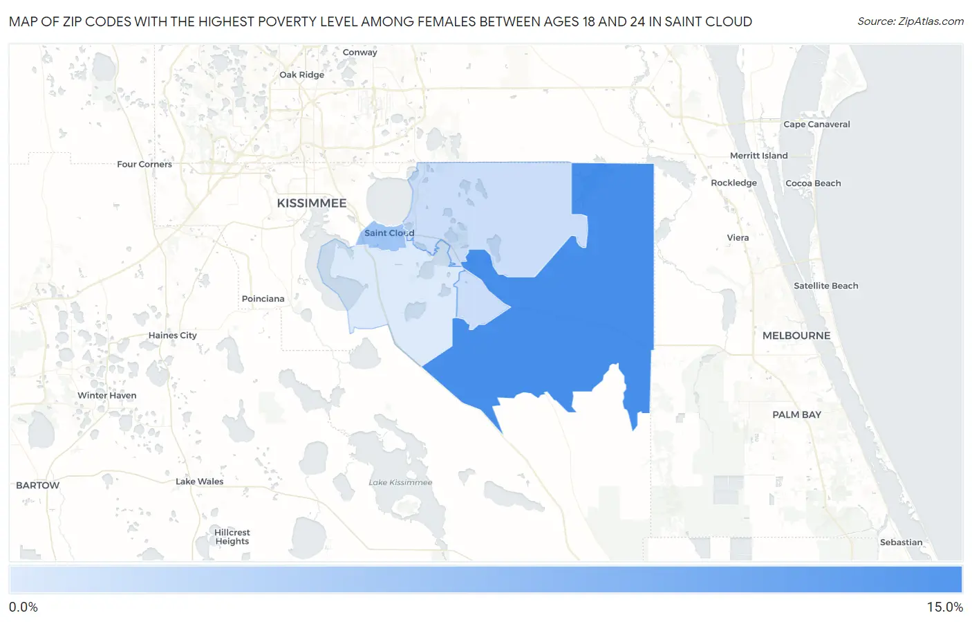 Zip Codes with the Highest Poverty Level Among Females Between Ages 18 and 24 in Saint Cloud Map