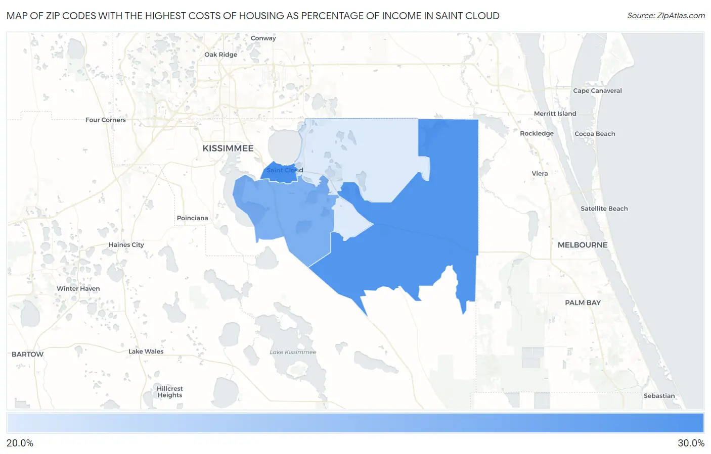 Zip Codes with the Highest Costs of Housing as Percentage of Income in Saint Cloud Map