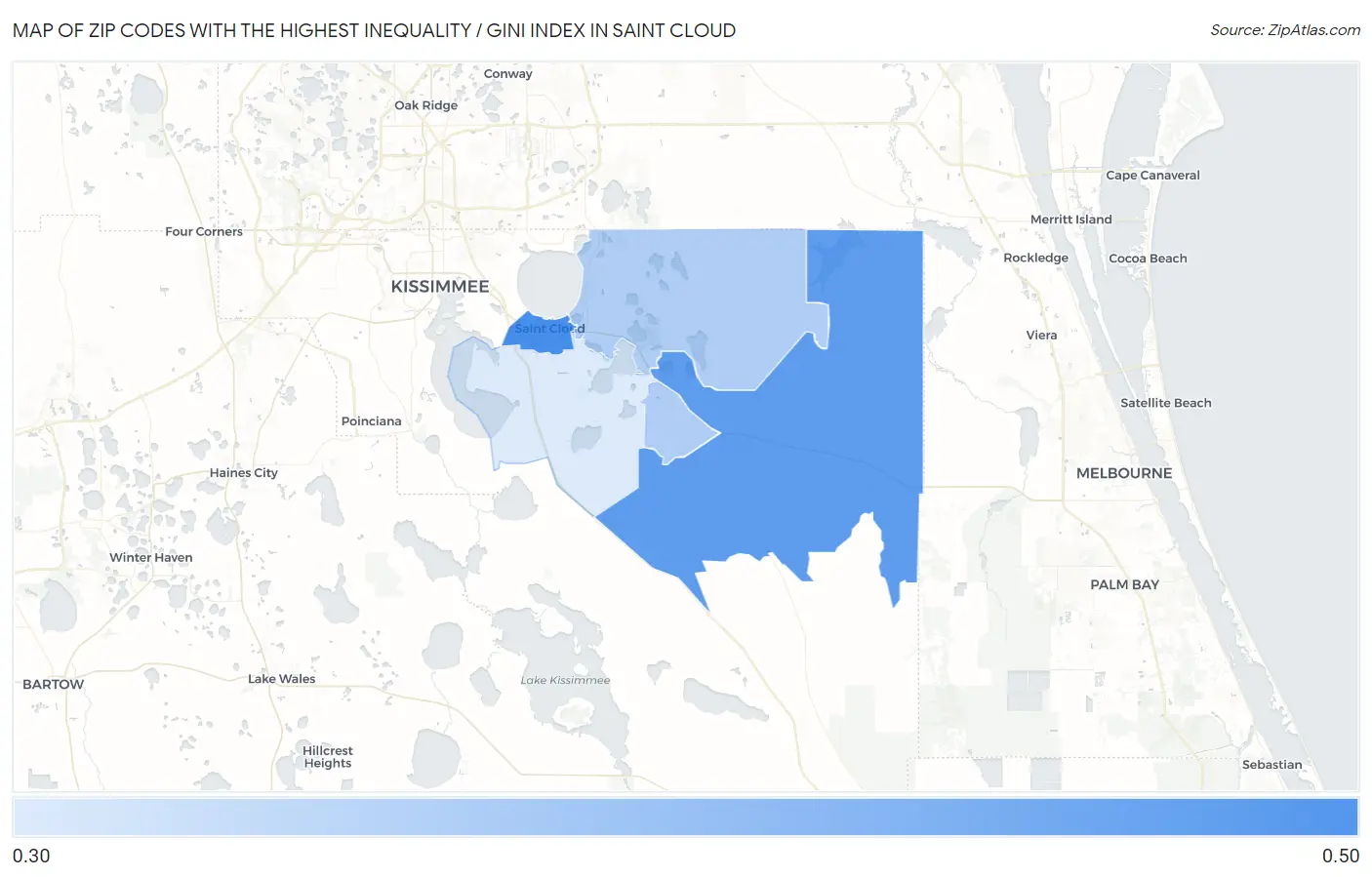 Zip Codes with the Highest Inequality / Gini Index in Saint Cloud Map