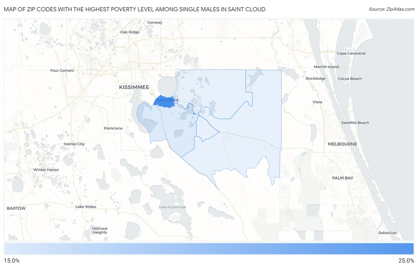 Zip Codes with the Highest Poverty Level Among Single Males in Saint Cloud Map