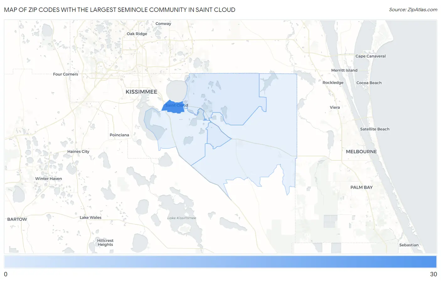 Zip Codes with the Largest Seminole Community in Saint Cloud Map