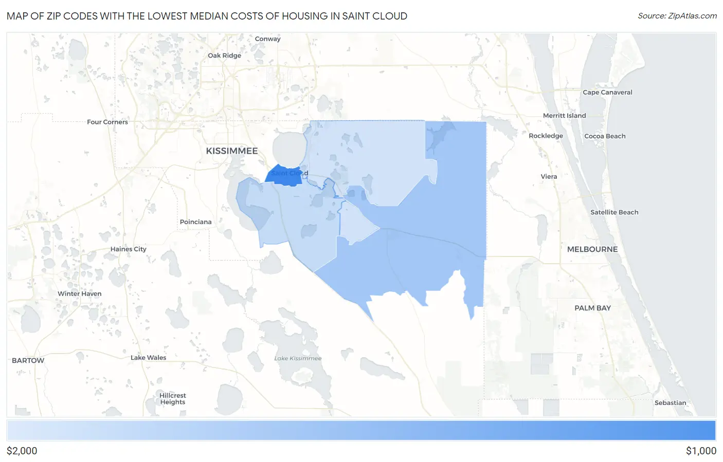 Zip Codes with the Lowest Median Costs of Housing in Saint Cloud Map