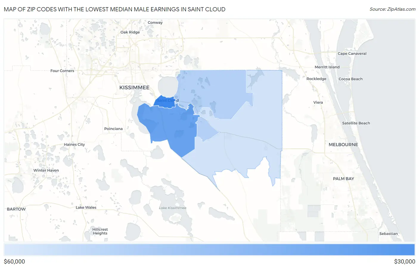 Zip Codes with the Lowest Median Male Earnings in Saint Cloud Map