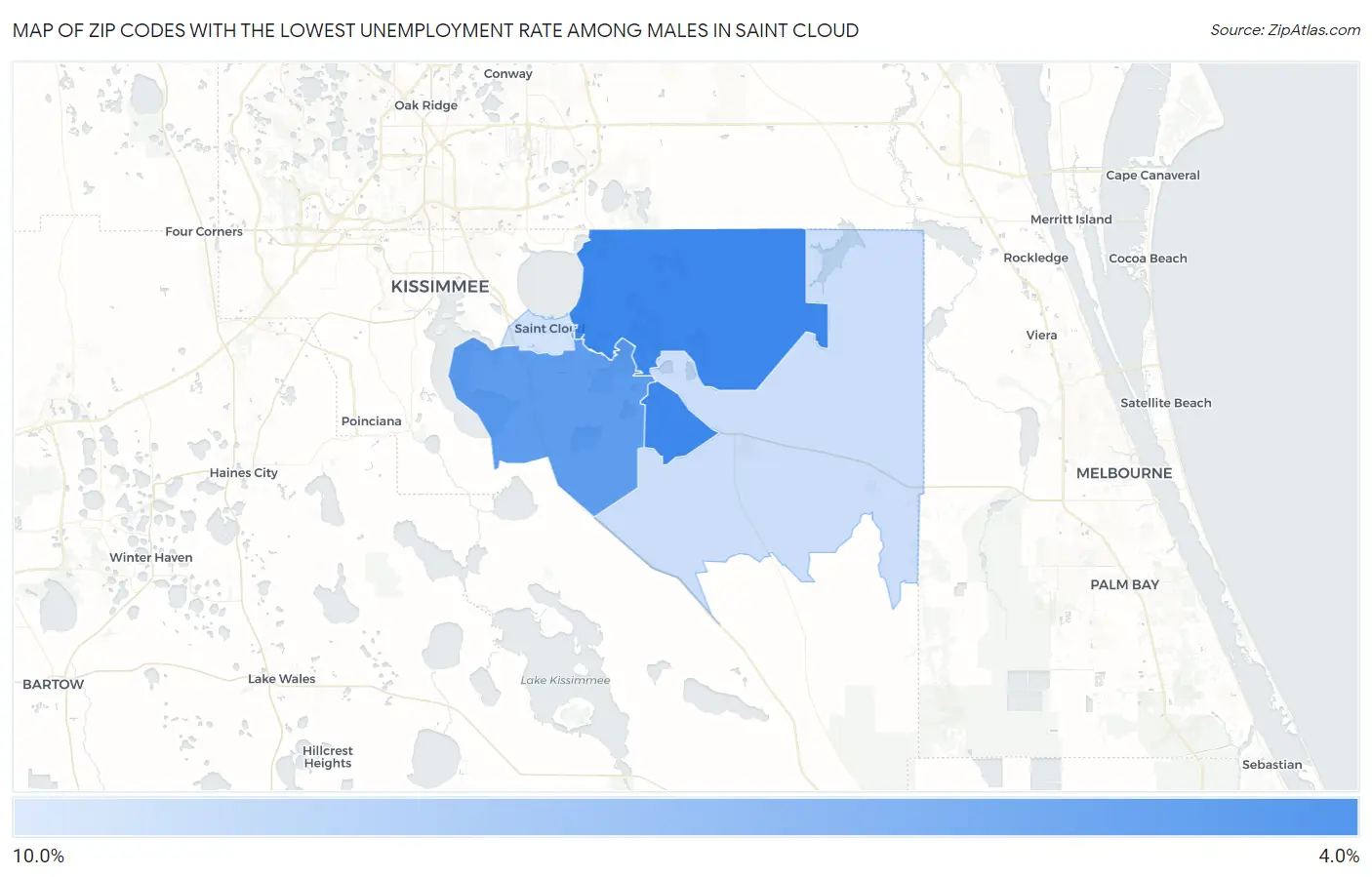 Zip Codes with the Lowest Unemployment Rate Among Males in Saint Cloud Map