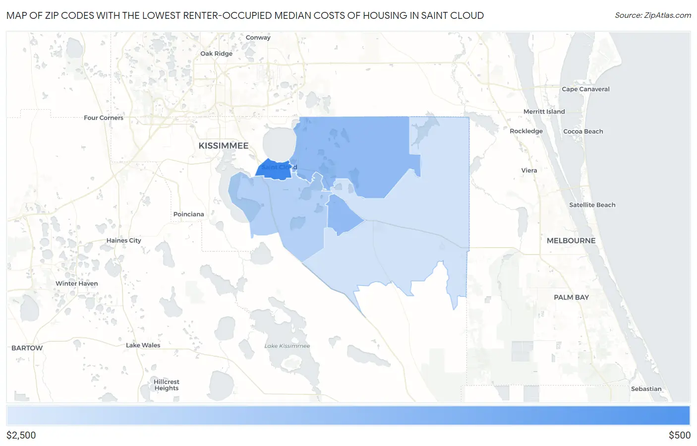 Zip Codes with the Lowest Renter-Occupied Median Costs of Housing in Saint Cloud Map