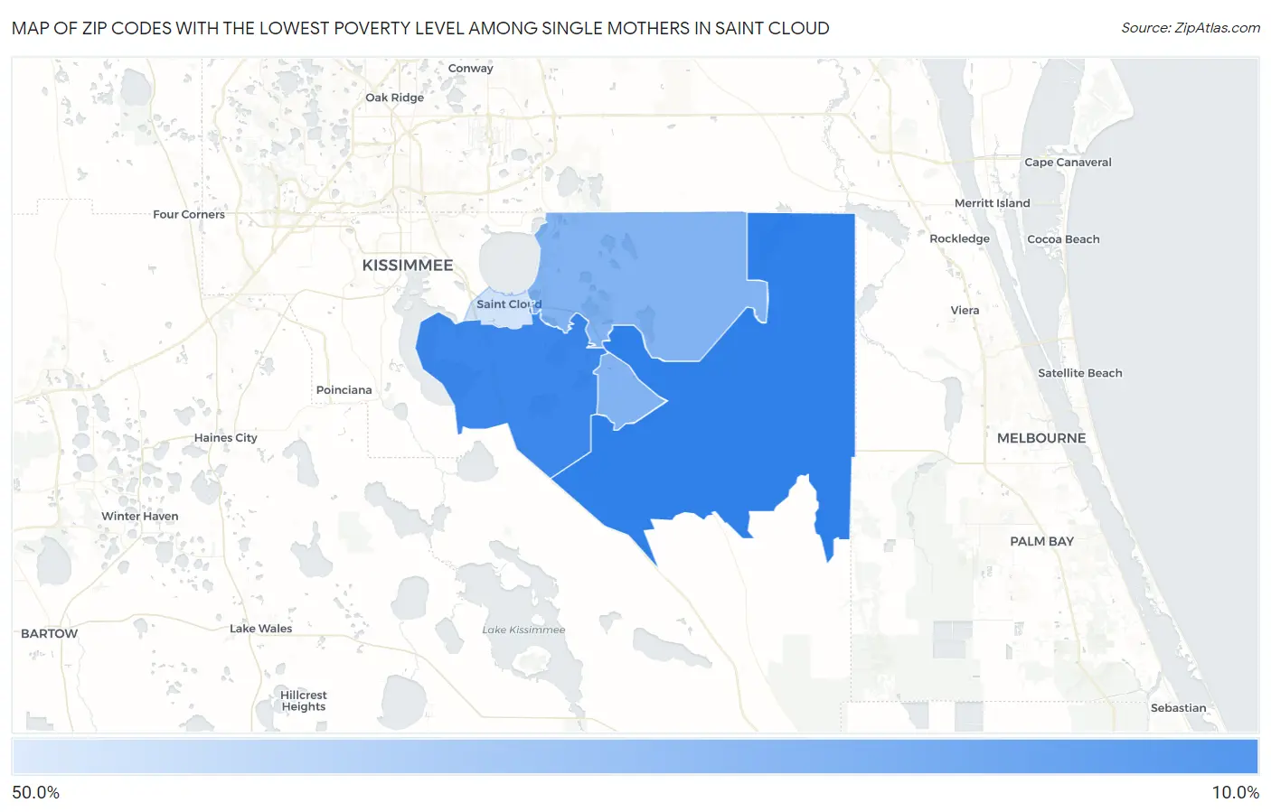 Zip Codes with the Lowest Poverty Level Among Single Mothers in Saint Cloud Map