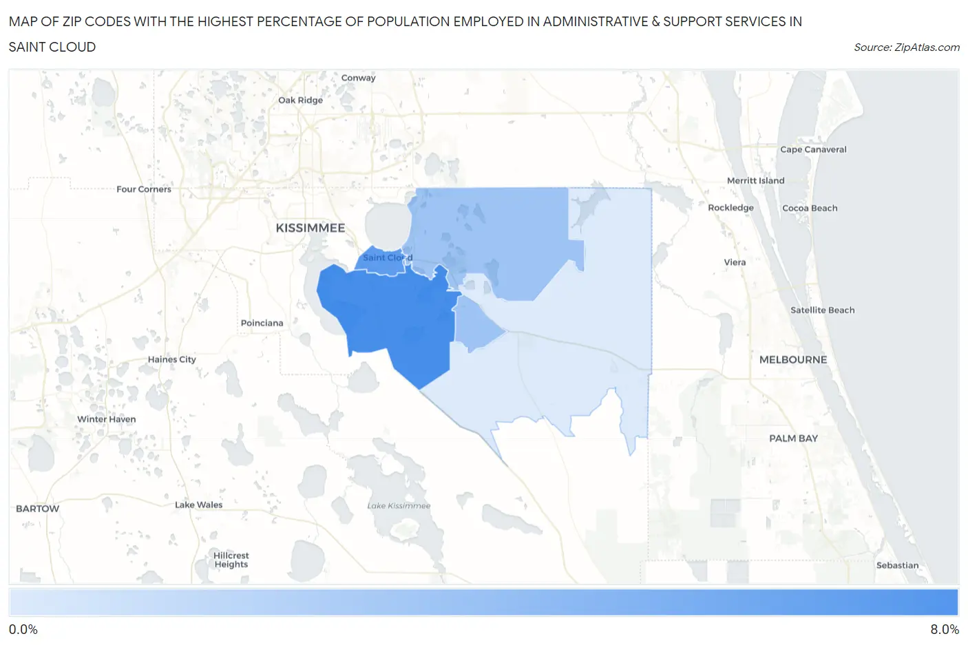 Zip Codes with the Highest Percentage of Population Employed in Administrative & Support Services in Saint Cloud Map
