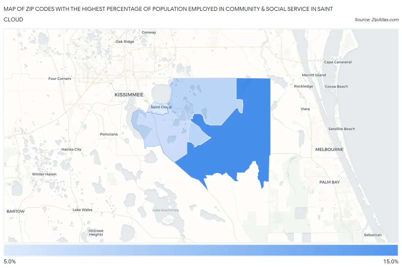 Zip Codes with the Highest Percentage of Population Employed in Community & Social Service  in Saint Cloud Map