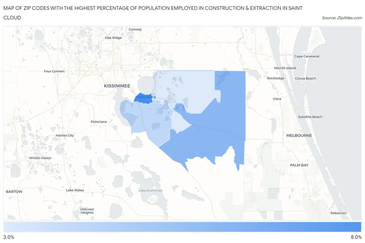 Zip Codes with the Highest Percentage of Population Employed in Construction & Extraction in Saint Cloud Map