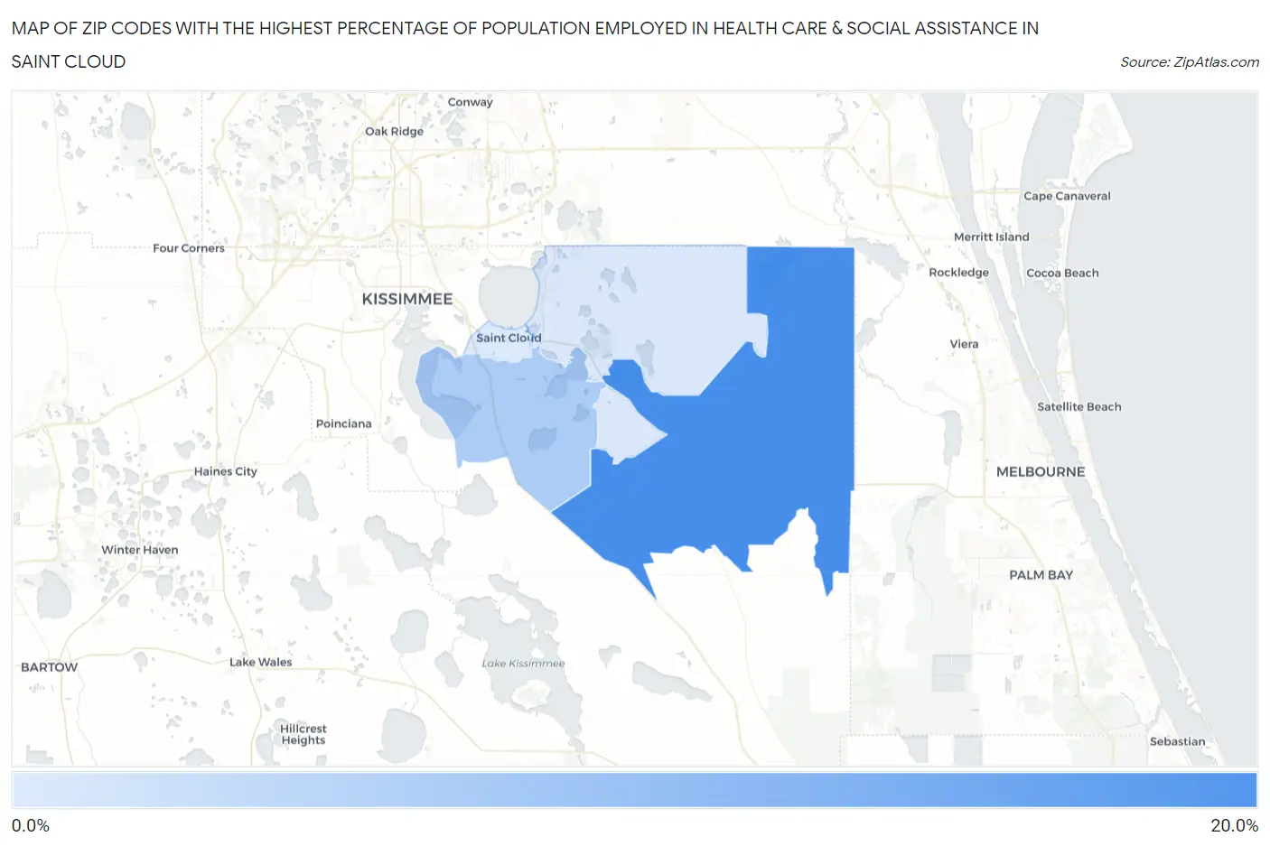 Zip Codes with the Highest Percentage of Population Employed in Health Care & Social Assistance in Saint Cloud Map