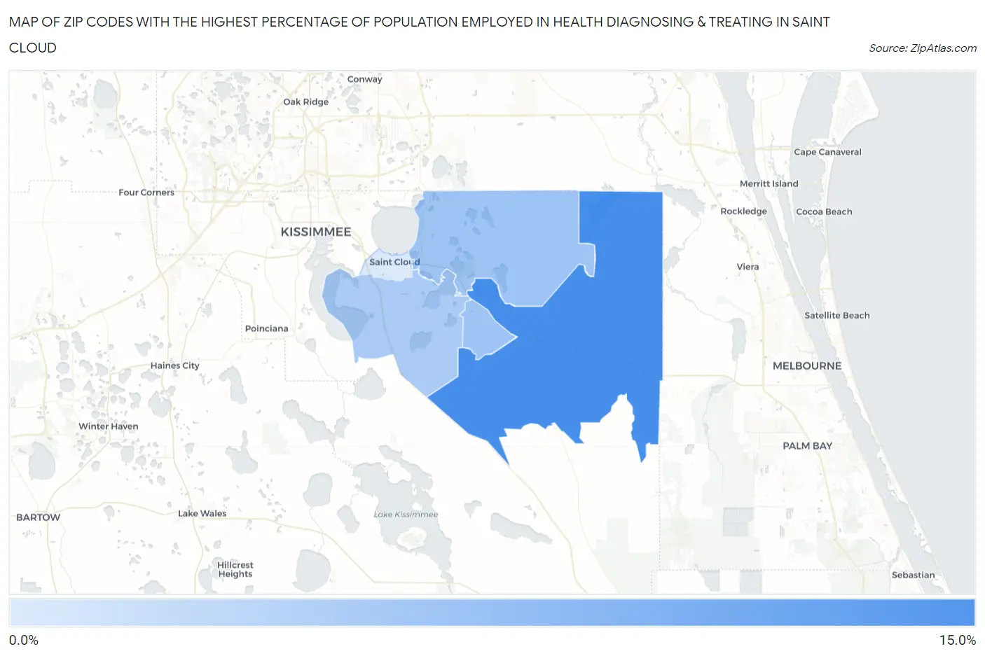 Zip Codes with the Highest Percentage of Population Employed in Health Diagnosing & Treating in Saint Cloud Map