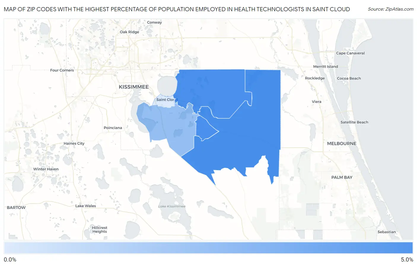 Zip Codes with the Highest Percentage of Population Employed in Health Technologists in Saint Cloud Map