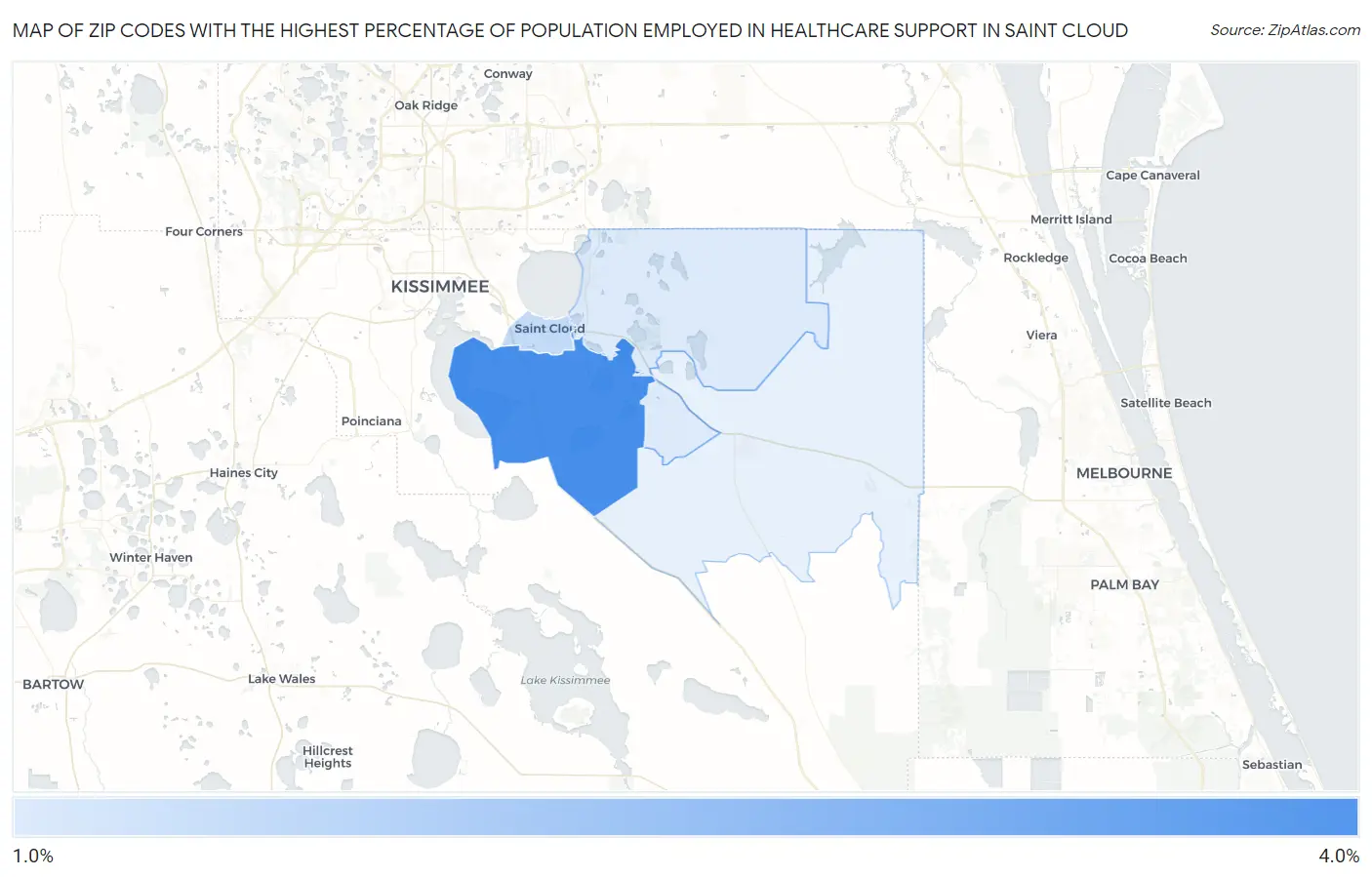 Zip Codes with the Highest Percentage of Population Employed in Healthcare Support in Saint Cloud Map
