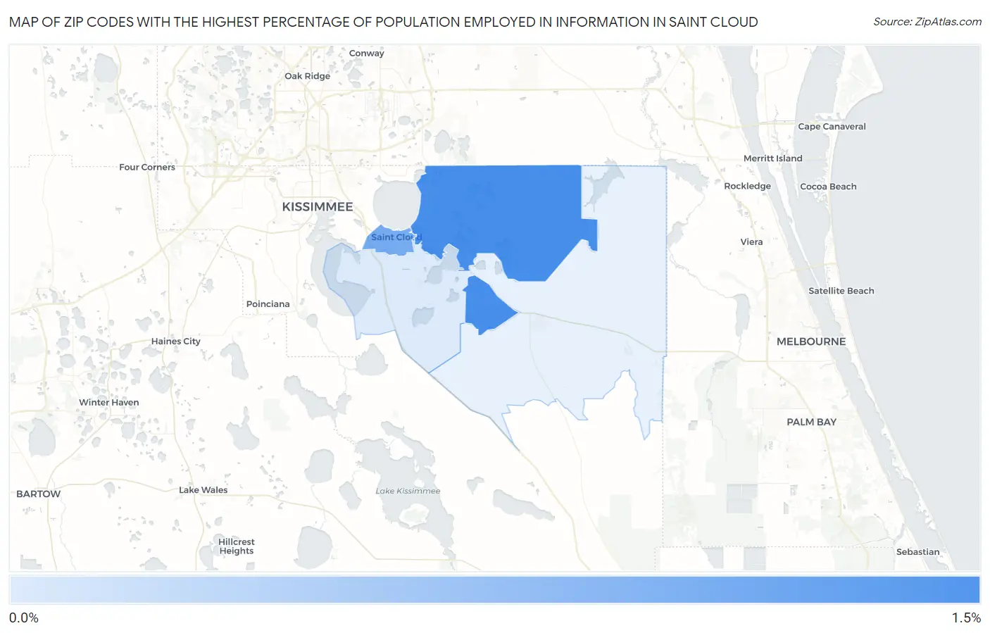 Zip Codes with the Highest Percentage of Population Employed in Information in Saint Cloud Map