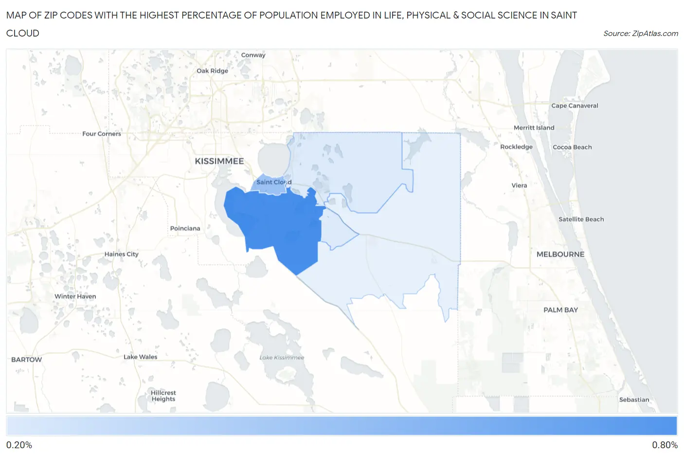 Zip Codes with the Highest Percentage of Population Employed in Life, Physical & Social Science in Saint Cloud Map