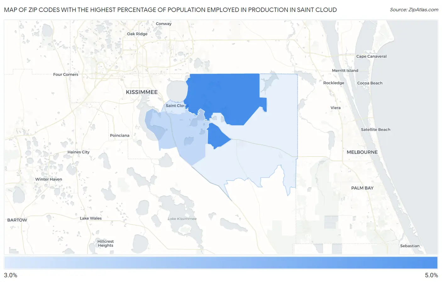 Zip Codes with the Highest Percentage of Population Employed in Production in Saint Cloud Map