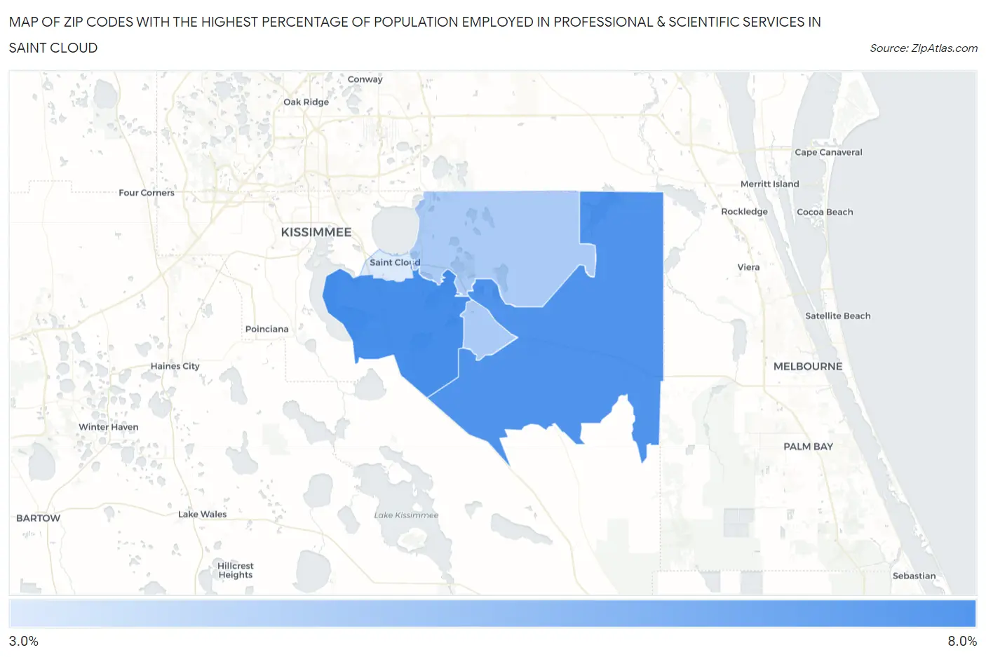 Zip Codes with the Highest Percentage of Population Employed in Professional & Scientific Services in Saint Cloud Map