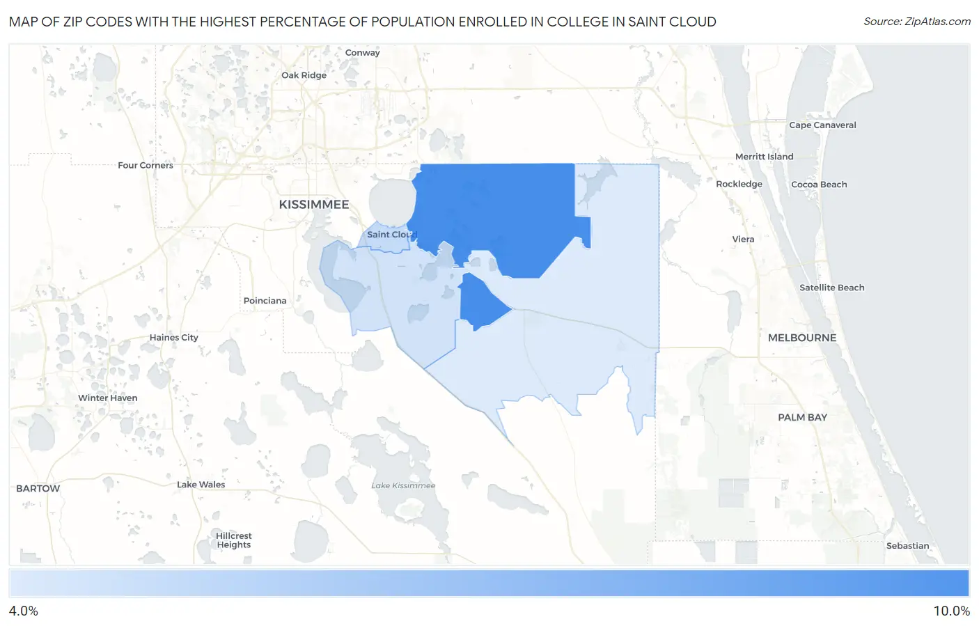 Zip Codes with the Highest Percentage of Population Enrolled in College in Saint Cloud Map