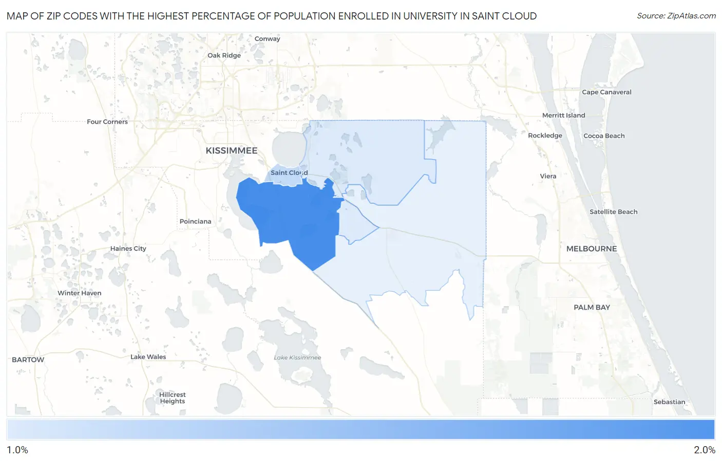 Zip Codes with the Highest Percentage of Population Enrolled in University in Saint Cloud Map