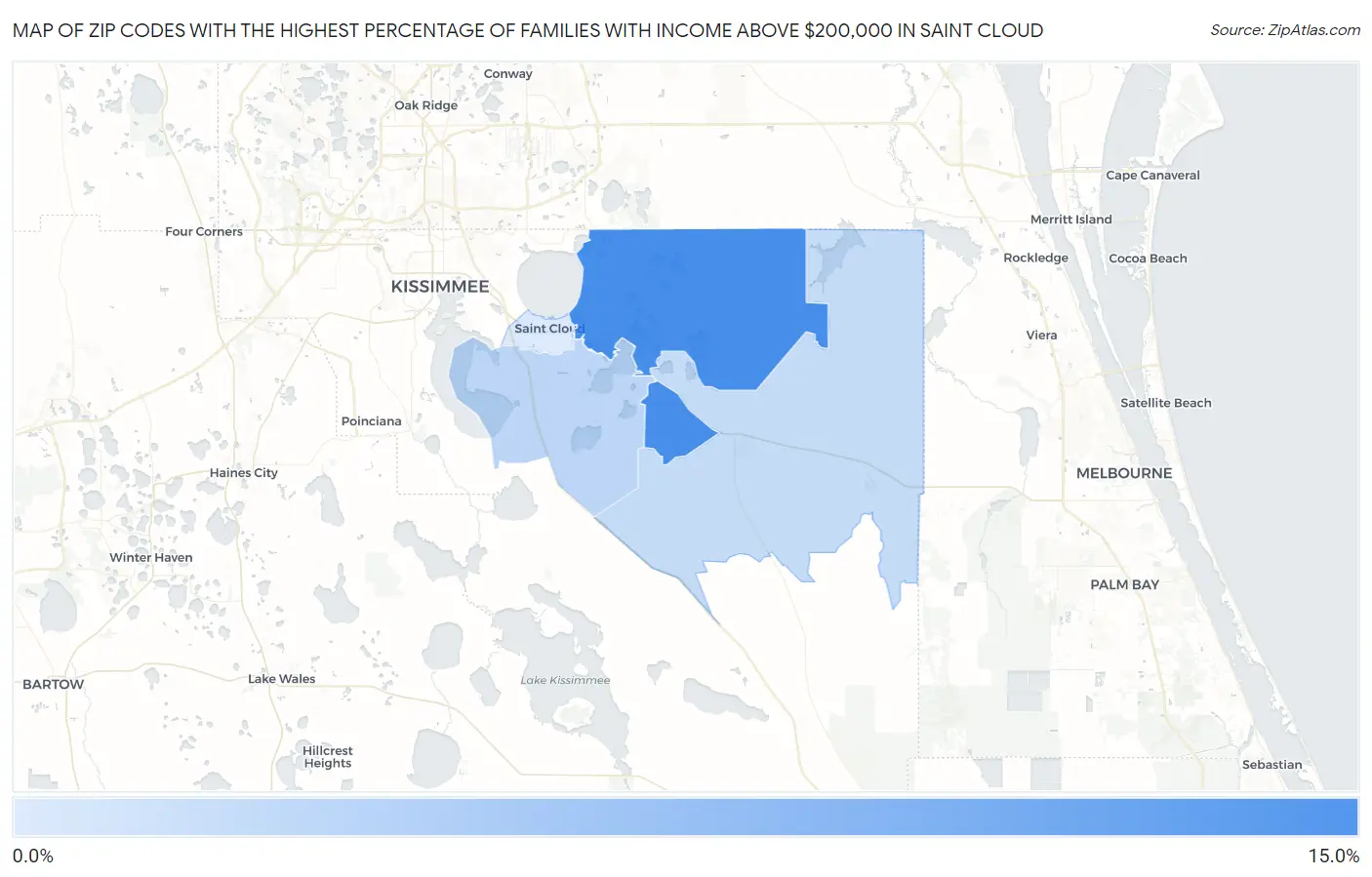 Zip Codes with the Highest Percentage of Families with Income Above $200,000 in Saint Cloud Map