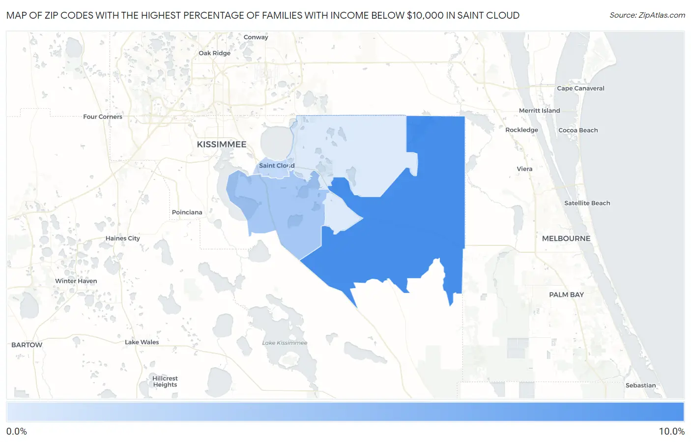 Zip Codes with the Highest Percentage of Families with Income Below $10,000 in Saint Cloud Map