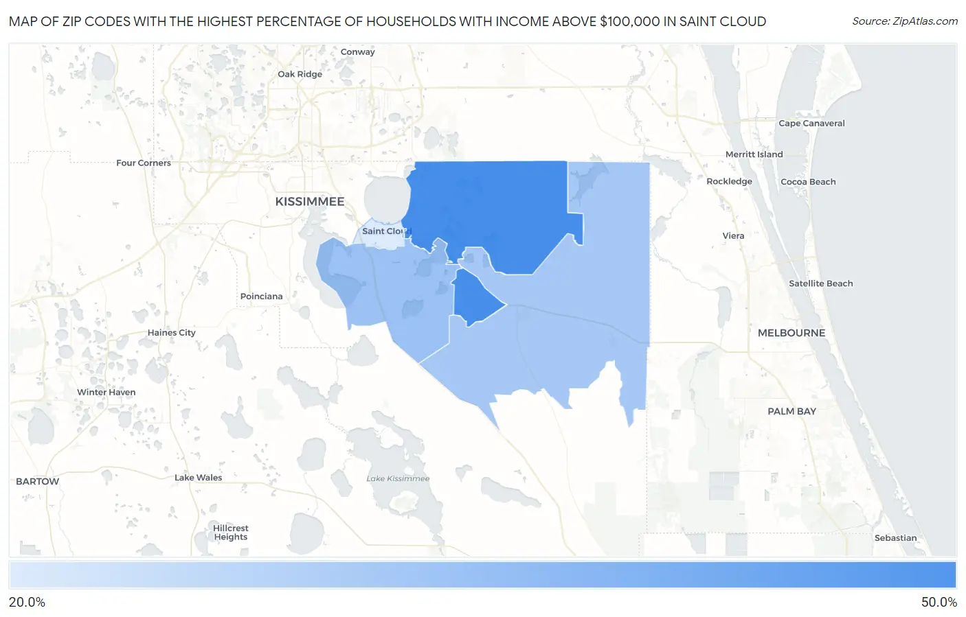 Zip Codes with the Highest Percentage of Households with Income Above $100,000 in Saint Cloud Map