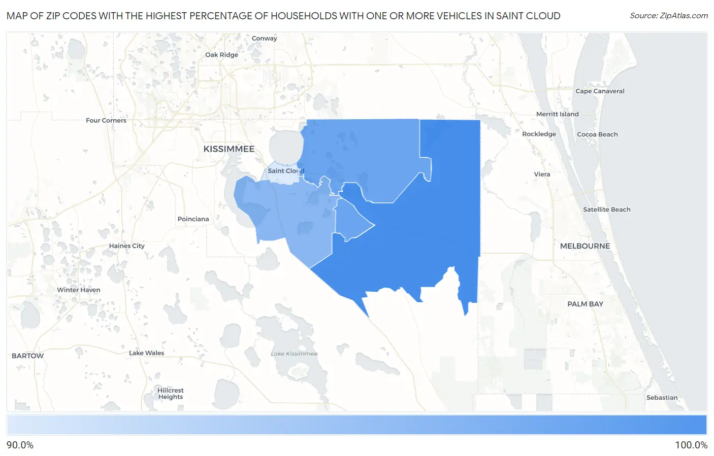 Zip Codes with the Highest Percentage of Households With One or more Vehicles in Saint Cloud Map